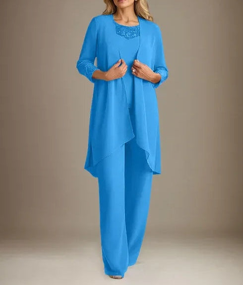 Chiffon Scoop Long Sleeves Mother Of The Bride Pantsuits With Jacket