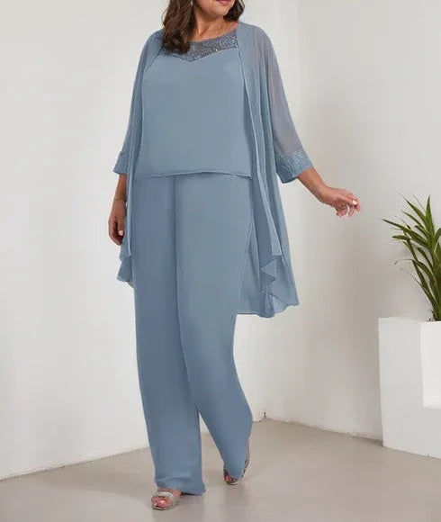 Chiffon Scoop Long Sleeves Mother Of The Bride Pantsuits With Jacket