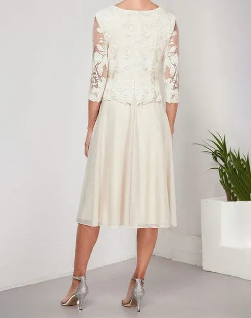 A-line Scoop Tea-Length Lace Chiffon Mother of the Bride Dress With Embroidery