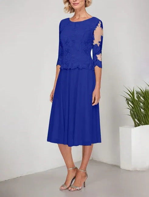 A-line Scoop Tea-Length Lace Chiffon Mother of the Bride Dress With Embroidery