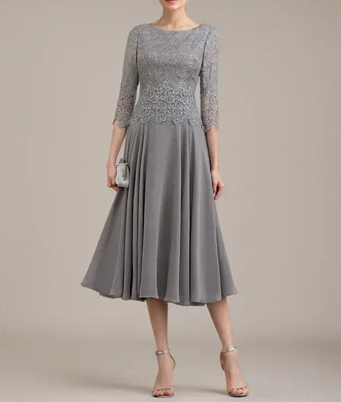 A-line Scoop Tea-Length Lace Chiffon Mother of the Bride Dress