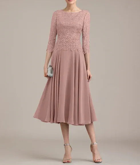 A-line Scoop Tea-Length Lace Chiffon Mother of the Bride Dress