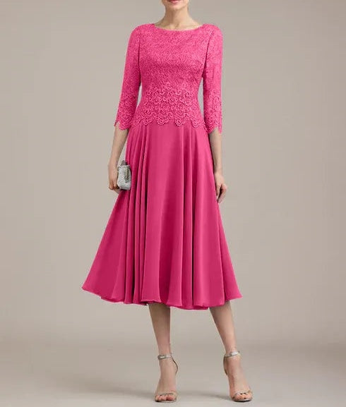 A-line Scoop Tea-Length Lace Chiffon Mother of the Bride Dress