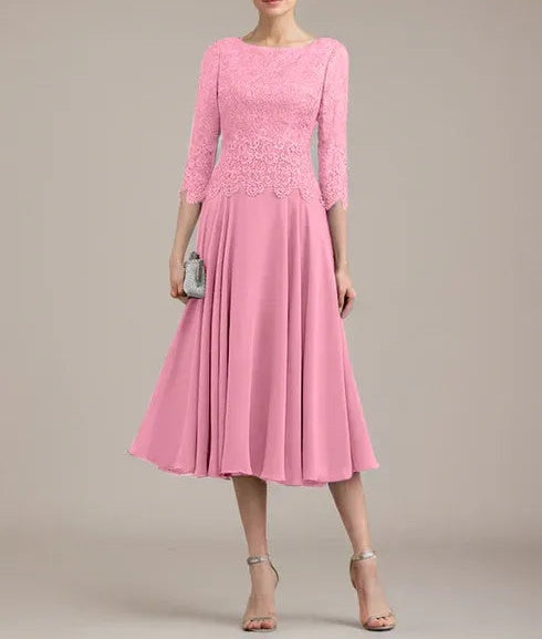 A-line Scoop Tea-Length Lace Chiffon Mother of the Bride Dress