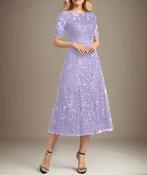 A-line Scoop Illusion Tea-Length Lace Mother of the Bride Dress With Sequins