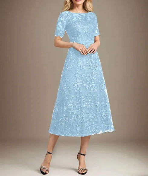 A-line Scoop Illusion Tea-Length Lace Mother of the Bride Dress With Sequins