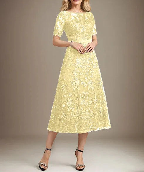 A-line Scoop Illusion Tea-Length Lace Mother of the Bride Dress With Sequins
