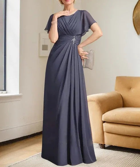 A-line Scoop Floor-Length Chiffon Mother of the Bride Dress With Pleated Beading