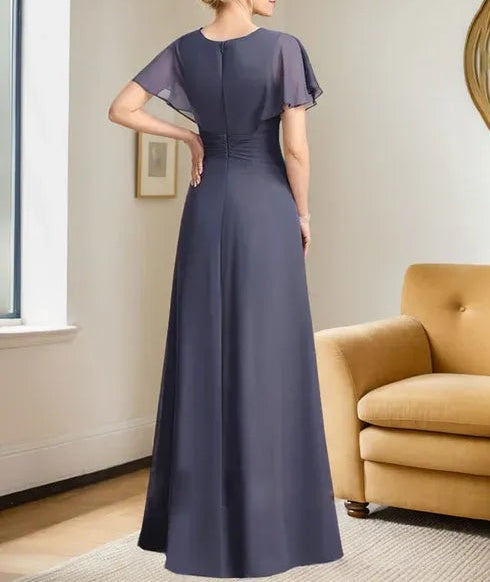 A-line Scoop Floor-Length Chiffon Mother of the Bride Dress With Pleated Beading