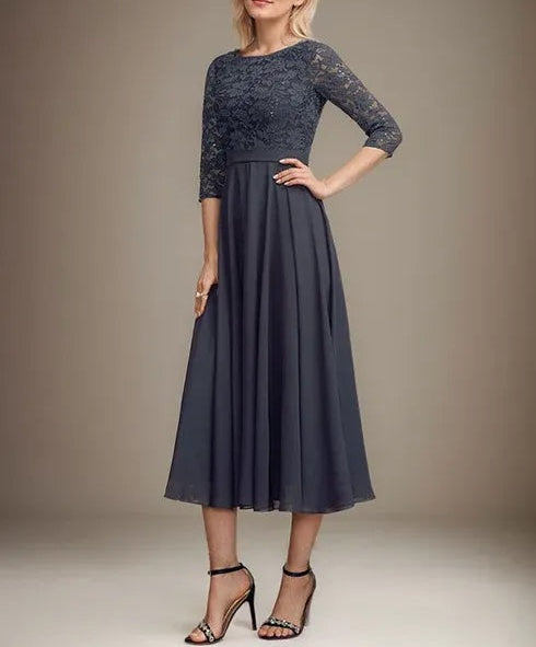 A-line Scoop Tea-Length Lace Chiffon Mother of the Bride Dress With Sequins