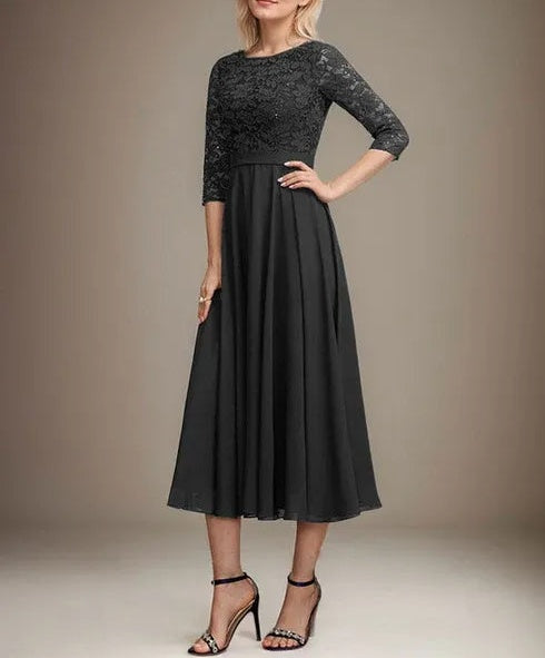 A-line Scoop Tea-Length Lace Chiffon Mother of the Bride Dress With Sequins
