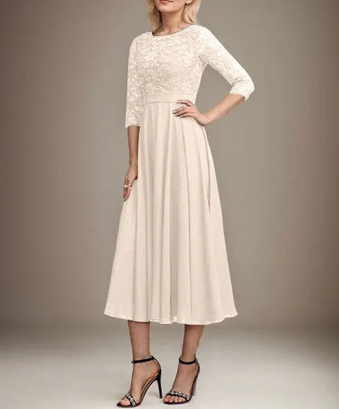 A-line Scoop Tea-Length Lace Chiffon Mother of the Bride Dress With Sequins