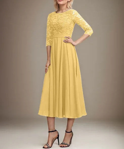 A-line Scoop Tea-Length Lace Chiffon Mother of the Bride Dress With Sequins