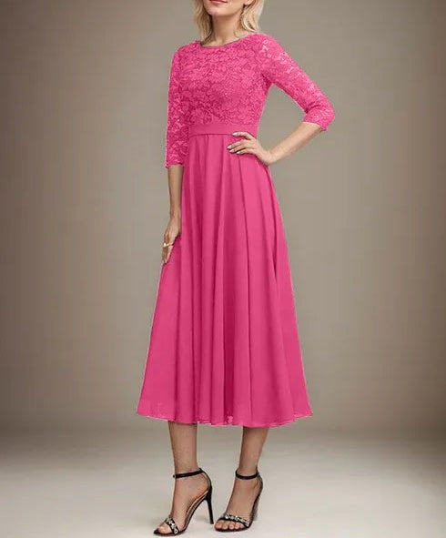 A-line Scoop Tea-Length Lace Chiffon Mother of the Bride Dress With Sequins