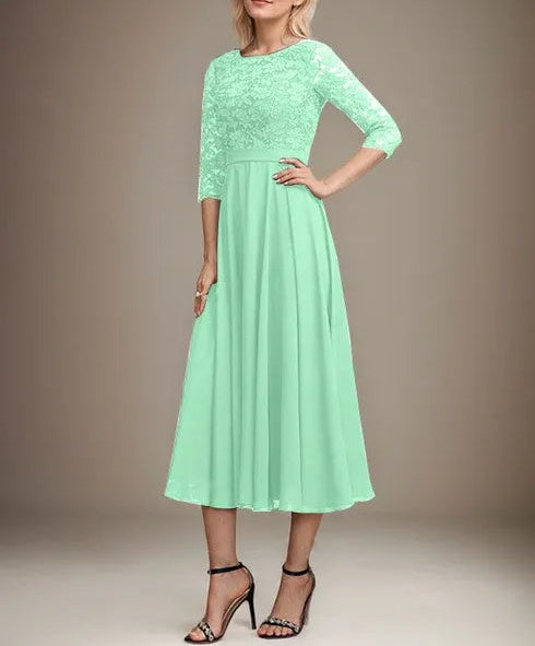 A-line Scoop Tea-Length Lace Chiffon Mother of the Bride Dress With Sequins