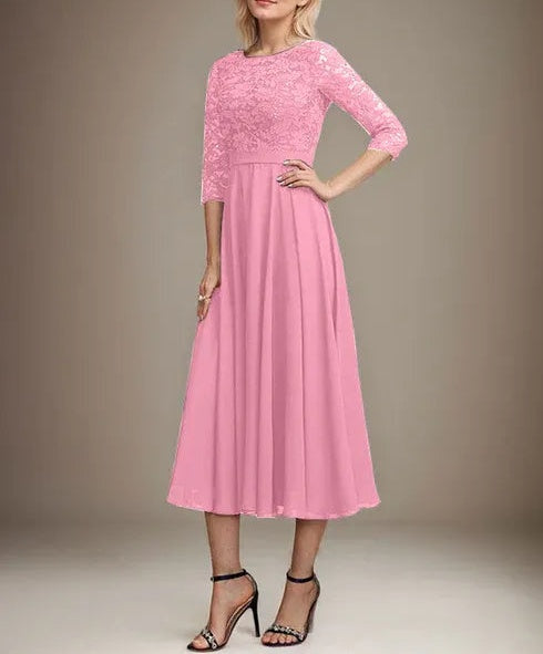 A-line Scoop Tea-Length Lace Chiffon Mother of the Bride Dress With Sequins