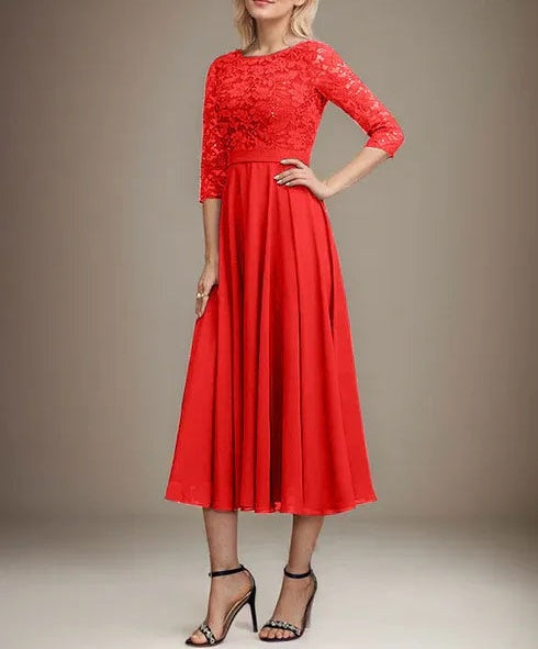 A-line Scoop Tea-Length Lace Chiffon Mother of the Bride Dress With Sequins