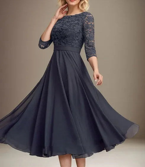 A-line Scoop Tea-Length Lace Chiffon Mother of the Bride Dress With Sequins