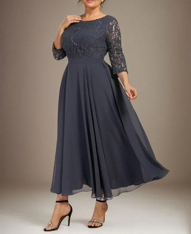 A-line Scoop Tea-Length Lace Chiffon Mother of the Bride Dress With Sequins