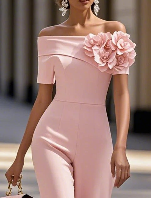 Women Pink 3D Floral Off The Shoulder Short Sleeve Dressy Jumpsuit