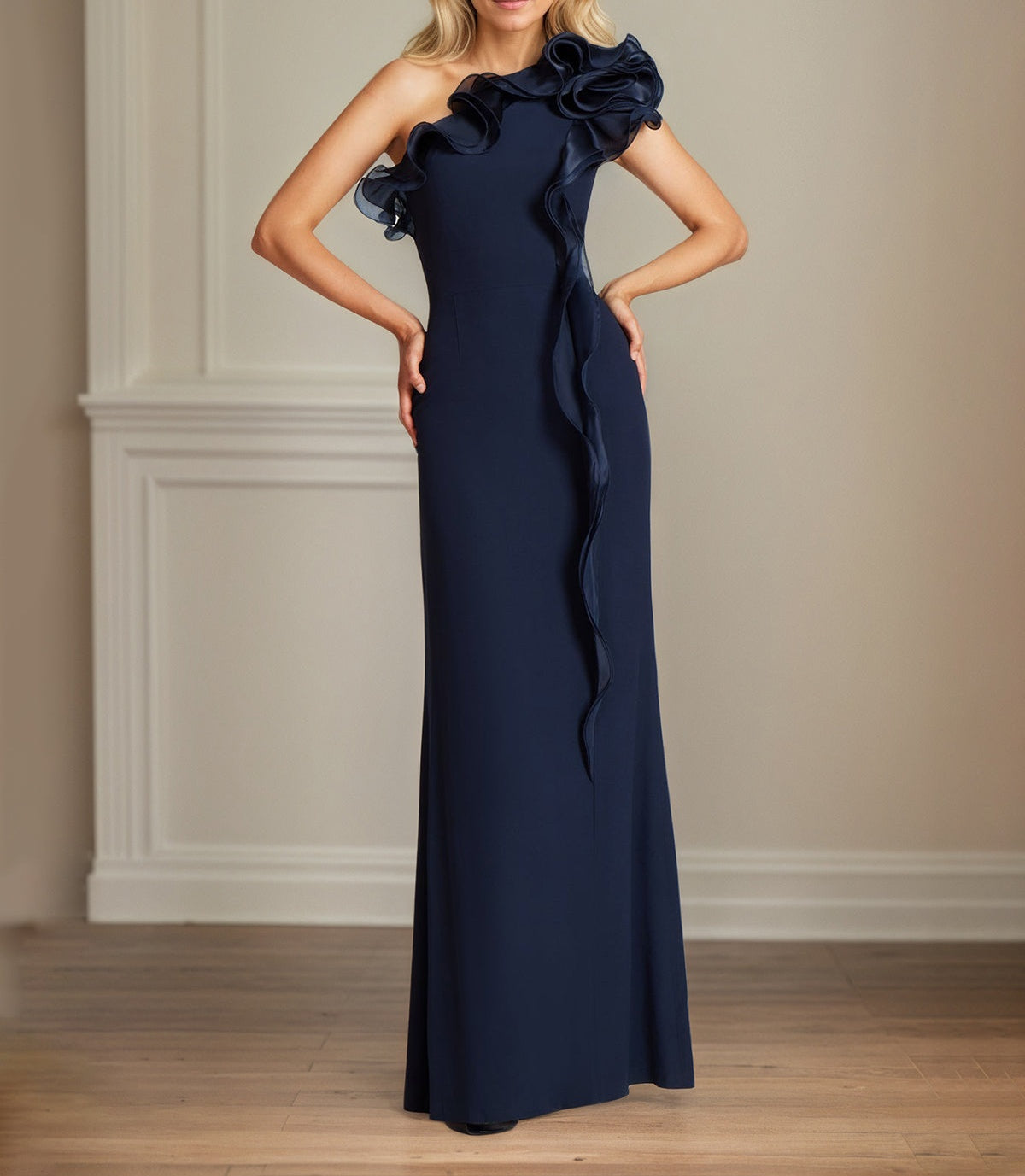 Navy Stretch Crepe Sheath/Column One Shoulder Floor Length Mother of the Bride Dresses With Ruffles