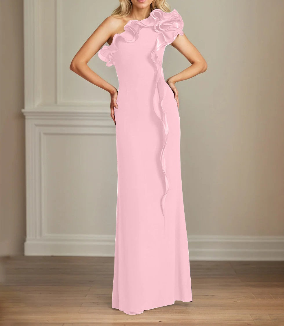Navy Stretch Crepe Sheath/Column One Shoulder Floor Length Mother of the Bride Dresses With Ruffles