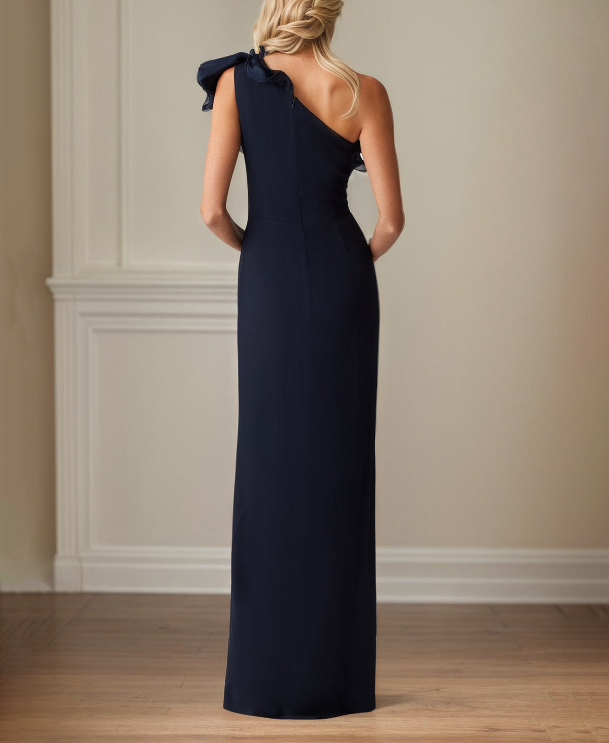 Navy Stretch Crepe Sheath/Column One Shoulder Floor Length Mother of the Bride Dresses With Ruffles