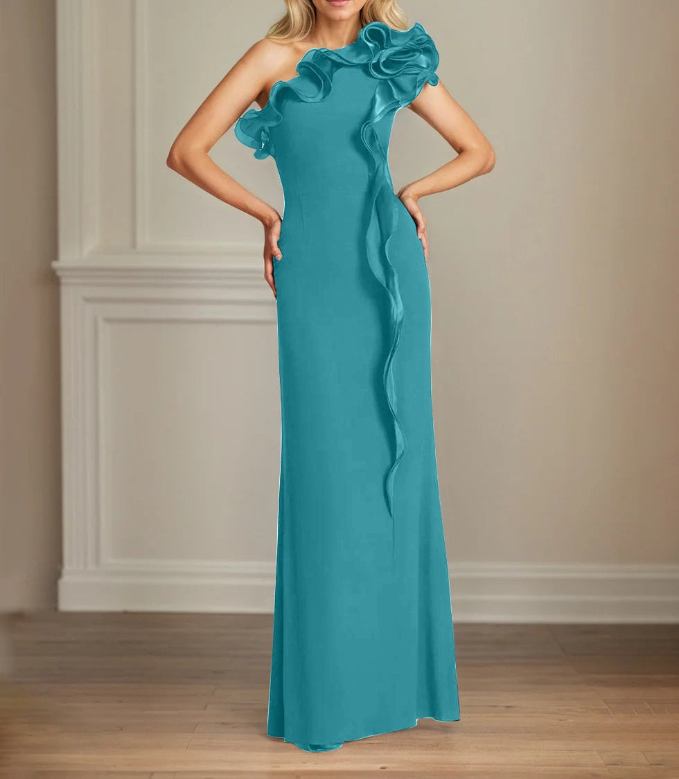 Navy Stretch Crepe Sheath/Column One Shoulder Floor Length Mother of the Bride Dresses With Ruffles