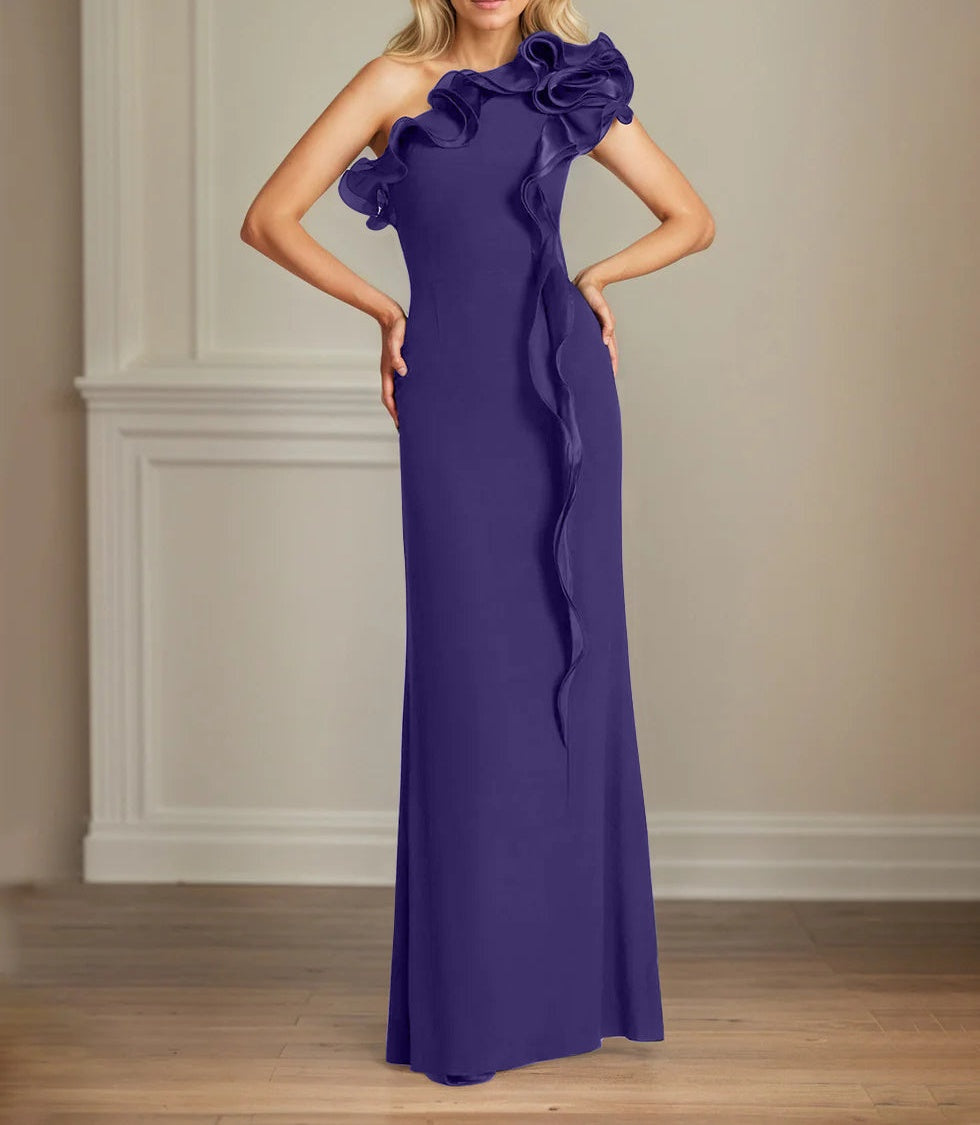 Navy Stretch Crepe Sheath/Column One Shoulder Floor Length Mother of the Bride Dresses With Ruffles