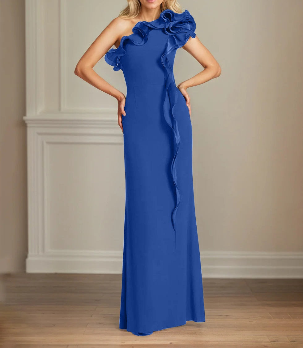 Navy Stretch Crepe Sheath/Column One Shoulder Floor Length Mother of the Bride Dresses With Ruffles