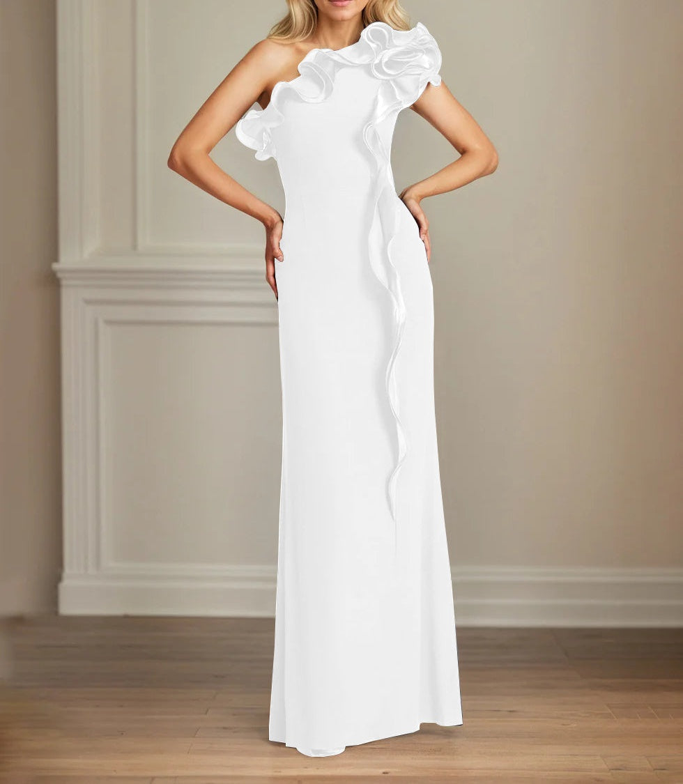 Navy Stretch Crepe Sheath/Column One Shoulder Floor Length Mother of the Bride Dresses With Ruffles