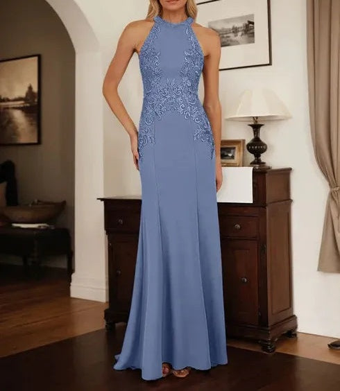 Dusty Blue Sheath Halter Long Mother of Bride Dress With Appliques