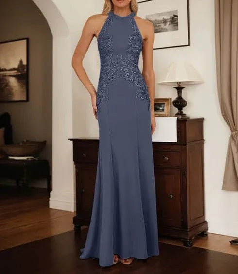 Dusty Blue Sheath Halter Long Mother of Bride Dress With Appliques