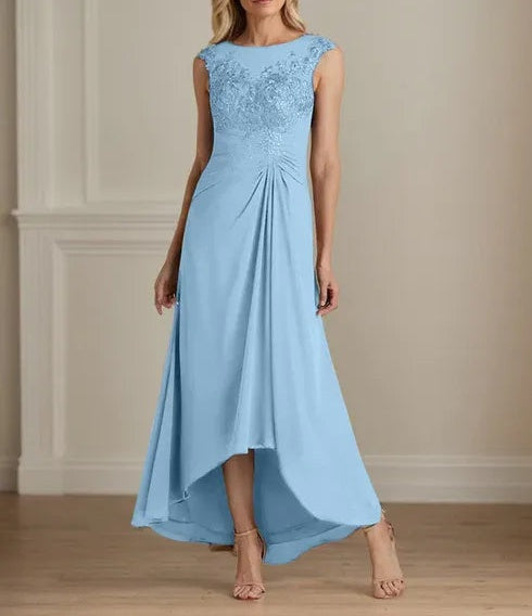 Champagne A-Line Scoop Lace Chiffon Dress