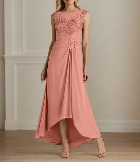 Champagne A-Line Scoop Lace Chiffon Dress