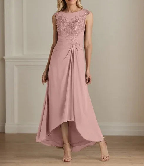 Champagne A-Line Scoop Lace Chiffon Dress