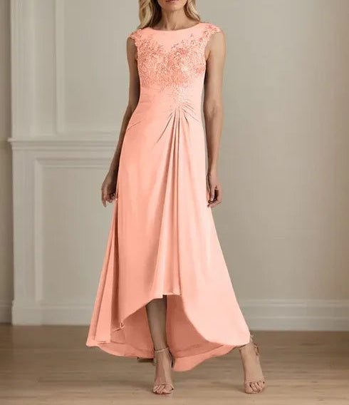 Champagne A-Line Scoop Lace Chiffon Dress