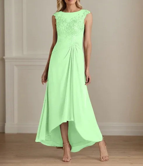 Champagne A-Line Scoop Lace Chiffon Dress