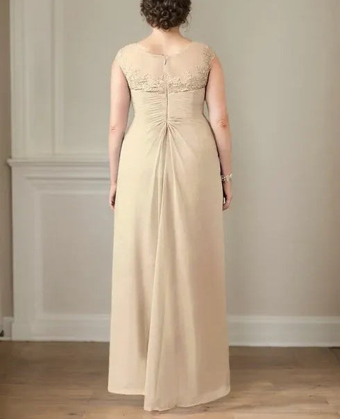 Champagne A-Line Scoop Lace Chiffon Dress