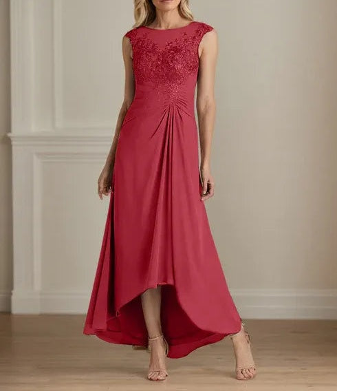 Champagne A-Line Scoop Lace Chiffon Dress
