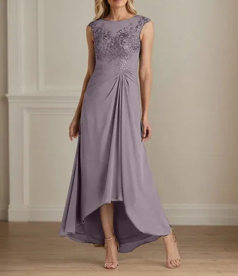 Champagne A-Line Scoop Lace Chiffon Dress