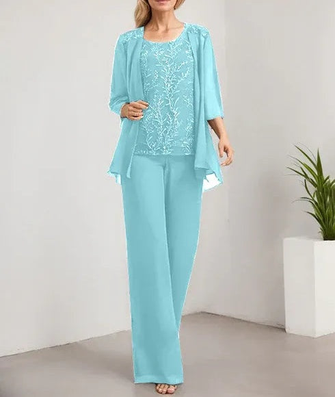 Separates Jumpsuit/Pantsuit Scoop Floor-Length Lace Chiffon Mother of the Bride Dress With Sequins