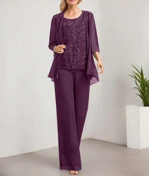 Separates Jumpsuit/Pantsuit Scoop Floor-Length Lace Chiffon Mother of the Bride Dress With Sequins