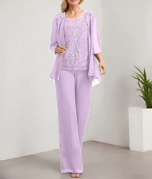 Separates Jumpsuit/Pantsuit Scoop Floor-Length Lace Chiffon Mother of the Bride Dress With Sequins