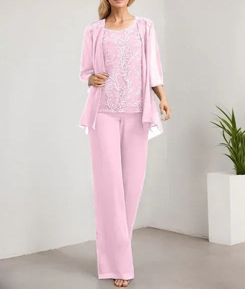 Separates Jumpsuit/Pantsuit Scoop Floor-Length Lace Chiffon Mother of the Bride Dress With Sequins