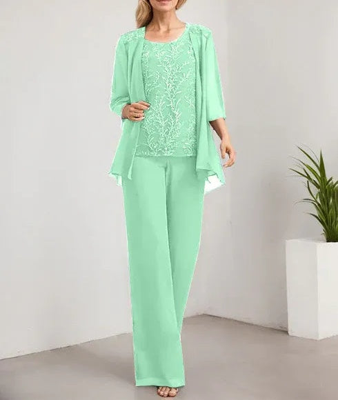 Separates Jumpsuit/Pantsuit Scoop Floor-Length Lace Chiffon Mother of the Bride Dress With Sequins
