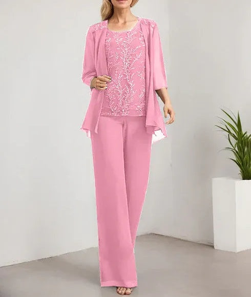 Separates Jumpsuit/Pantsuit Scoop Floor-Length Lace Chiffon Mother of the Bride Dress With Sequins