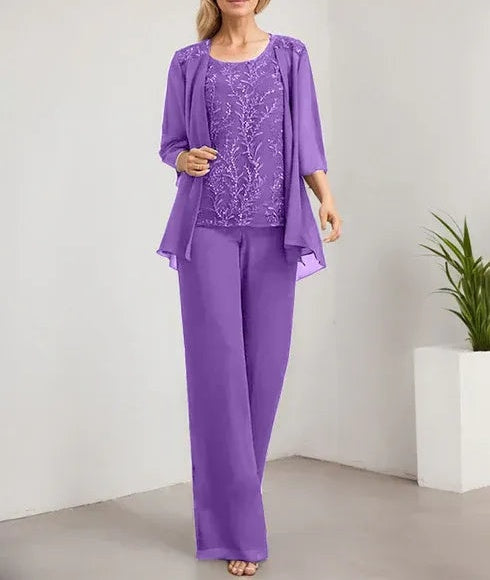 Separates Jumpsuit/Pantsuit Scoop Floor-Length Lace Chiffon Mother of the Bride Dress With Sequins