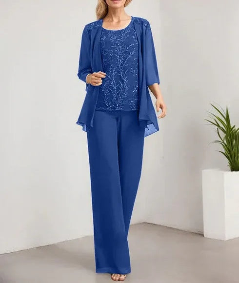 Separates Jumpsuit/Pantsuit Scoop Floor-Length Lace Chiffon Mother of the Bride Dress With Sequins