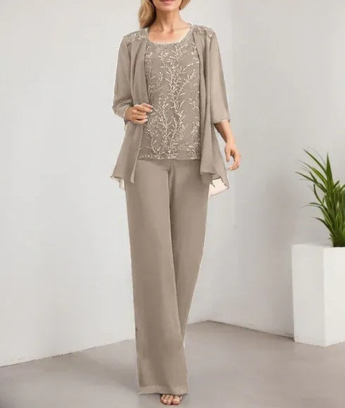 Separates Jumpsuit/Pantsuit Scoop Floor-Length Lace Chiffon Mother of the Bride Dress With Sequins